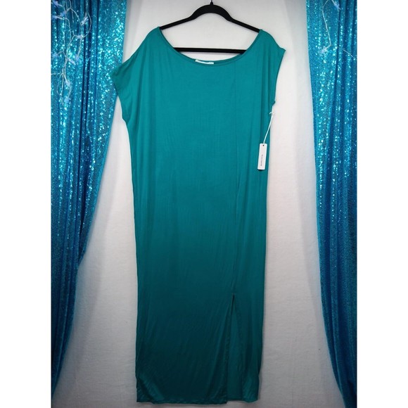 NWT Six Fifty Designer Dress Size: M Teal Asymmetric Box Sleeves Front Slit Midi - Picture 1 of 11